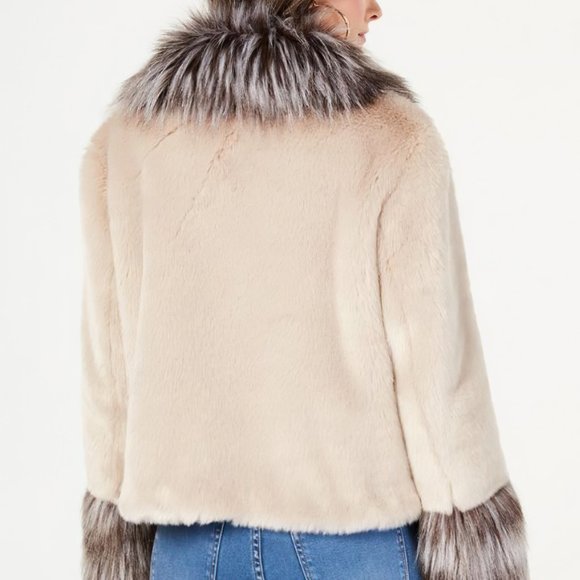 INC Womens Faux Fur Hook-And-Eye Closure Color Block Jacket Beige - Picture 2 of 11